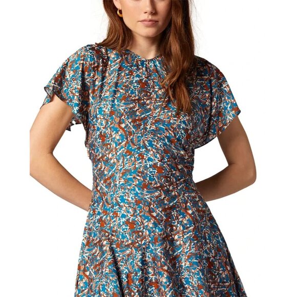 Joie Hunter Mini Dress Women's 10 Fjord Blue Multi Print Silk Blend Fit & Flare - Picture 2 of 4